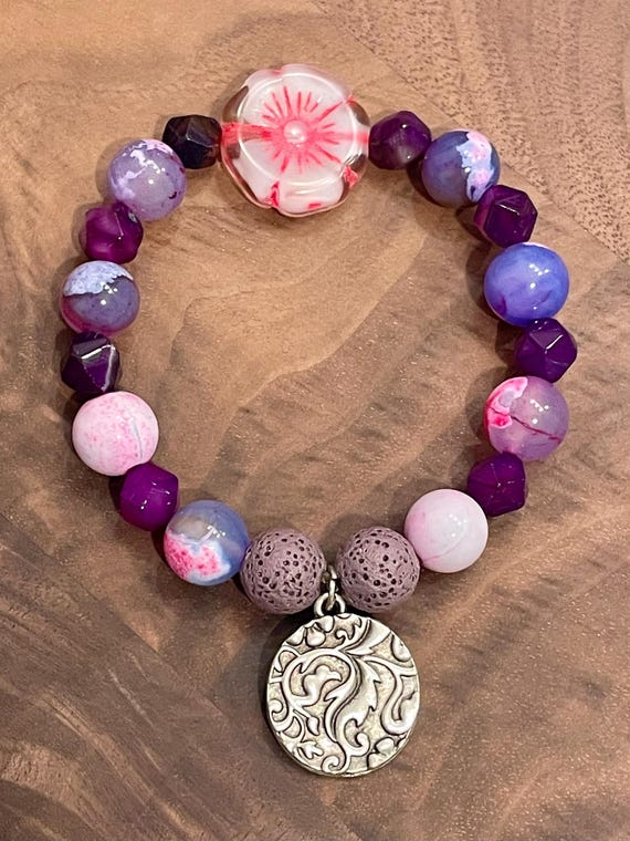 Essential Oil Diffuser / Gemstone Bracelet - Fire Agate / Lava Stone Crystal Healing, Flower Jewelry