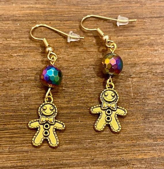 Gemstone Earrings - Titanium Rainbow Hematite Crystal Healing, Gingerbread Boy