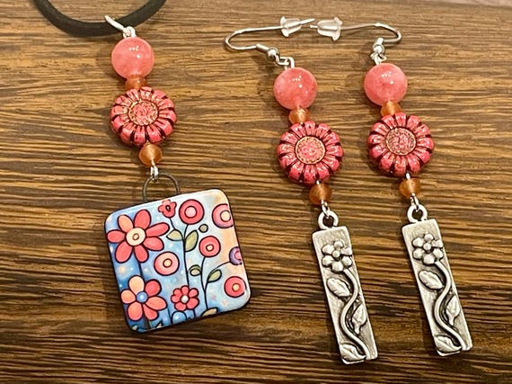 Gemstone Necklace / Earrings - Jade Crystal Healing, Whimsical Flower Jewelry