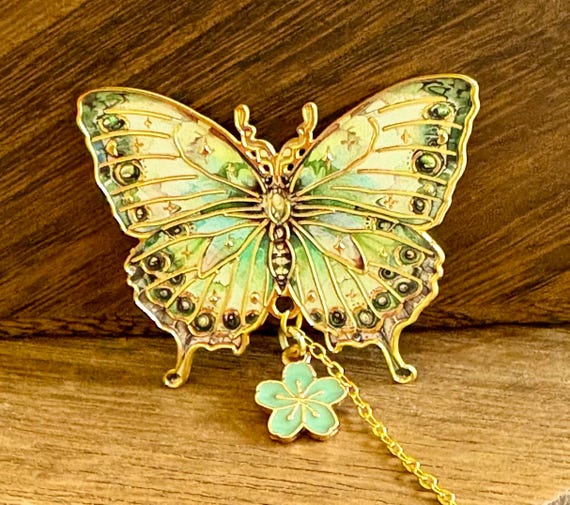 Meadow Luck Butterfly Bookmark – Terra Agate, Czech Glass Cathedral Bead, Green Sakura Enamel Charm – 5.5” Gold Tone Gift for Readers
