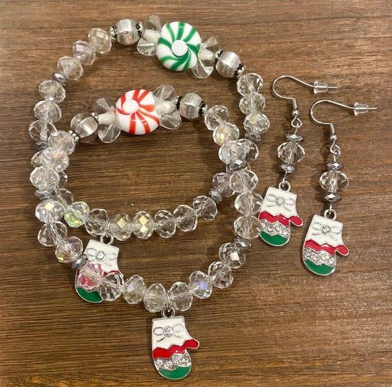 Gemstone Bracelet / Earrings - Silver Hematite Crystal Healing, Sweet Christmas Blessings