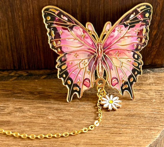 Fluttering Petals Butterfly Bookmark – Pink Crystal, Rose Gold Hematite & Daisy Charm – 6” Metal Bookmark for Book Lovers