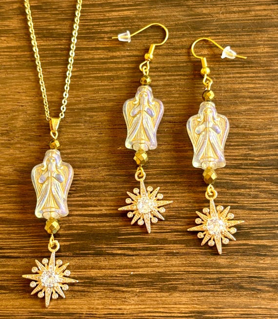 Gemstone Necklace / Earrings - Gold Hematite Crystal Healing, Angel Light