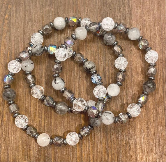 Gemstone Bracelet - Crackle Quartz / Hematite / Tourmalinated Quartz Crystal Healing, Tinsel Magic