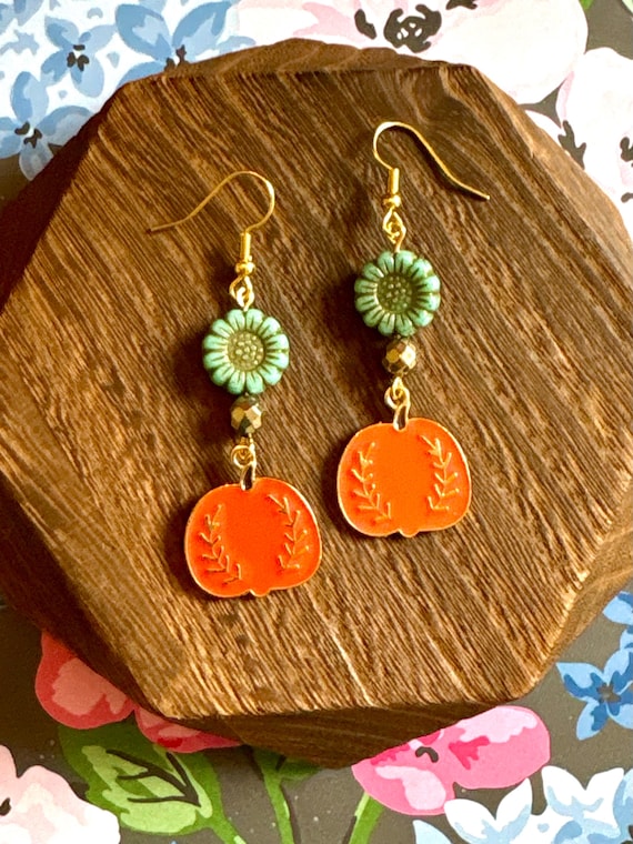 Autumn Sunbeam Pumpkin Earrings – Czech Glass Sunflowers, Gold Hematite and Enamel Charm – Fall Boho Jewelry