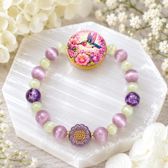 Hummingbird Blossom Whispers Bracelet • Handmade Amethyst & Cat’s Eye Gemstone Bracelet • Double-Sided Hummingbird Wood Focal • Czech Glass