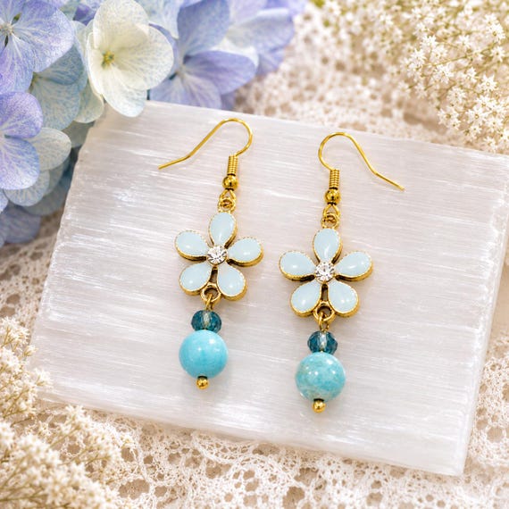 Forget-Me-Not Enchantment Earrings • Turquoise Gemstone Earrings • Gold Floral Earrings • 316L Hypoallergenic Stainless Steel • Crystal Flow