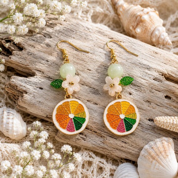 Citrus Blossom Enchantment Earrings - Serpentine Gemstone Earrings | Handmade Fruit Slice Earrings | Gold Hypoallergenic Floral Earrings