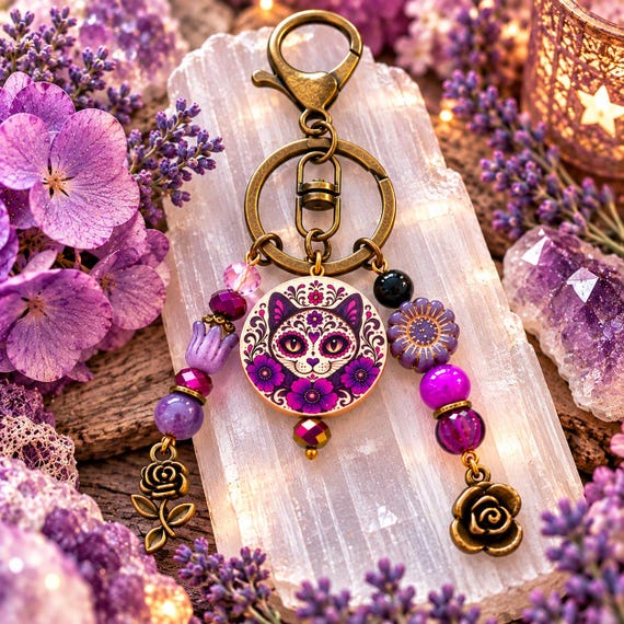 Sugar Whiskers Enchantment Gemstone Purse Charm Keychain | Black Onyx Purple Jade Sugilite | Floral Cat Artisan Wood Bead | Rose Charm