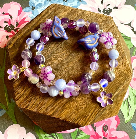 Lavender Skies in Flight Bracelet – Amethyst, Mystic Aura Quartz, Blue Lace Agate, Czech Glass Bird and Flowers – Purple Crystal Healing