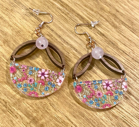 Gemstone Earrings - Rose Quartz Crystal Healing, Colorful Floral Earrings
