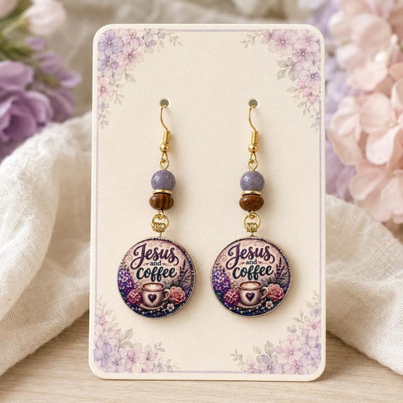 Jesus and Coffee Earrings, Lepidolite Petrified Wood Jewelry, Christian Gift for Her, Artisan Wood Bead Faith Earrings