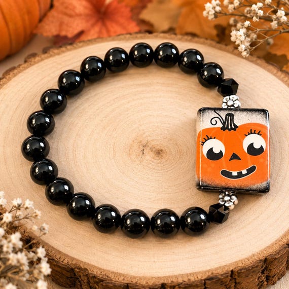 Halloween Black Onyx Gemstone Bracelet | Artisan Handmade Pumpkin Bracelet | Crystal Jewelry | Fall Gift | Cottagecore Halloween