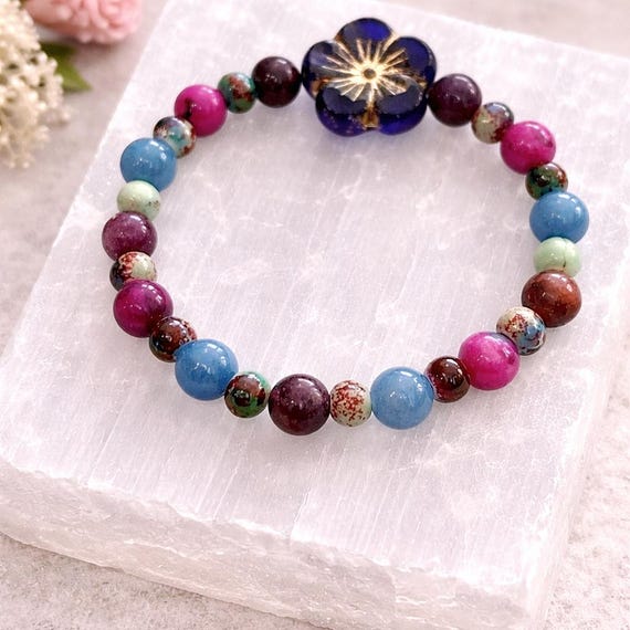 Twilight Wisteria Bracelet • Blue Aventurine, Lepidolite, Sugilite Gemstones, Czech Glass Flower