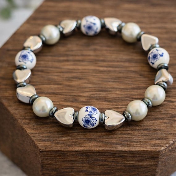 Heart Harmony Stretch Bracelet – Blue Floral Ceramic Beads, Hematite Hearts, Pearls / Shells