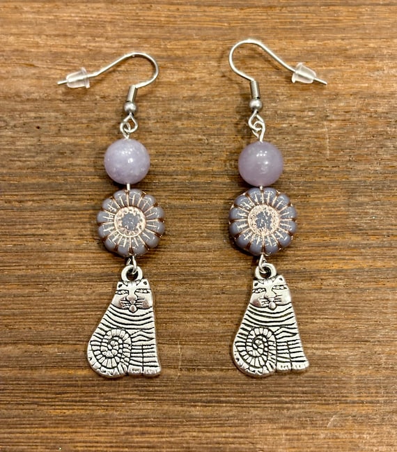 Gemstone Earrings - Tanzanian Lepidolite Crystal Healing, Whimsical Cat Jewelry