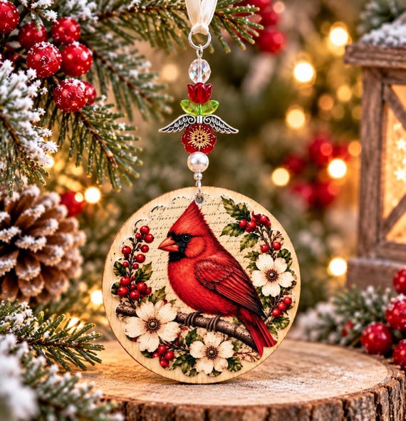 Cardinal Whispers from Heaven Ornament, Red Cardinal Memorial Keepsake, Angel Wings Christmas Decor, Handmade Sympathy Gift