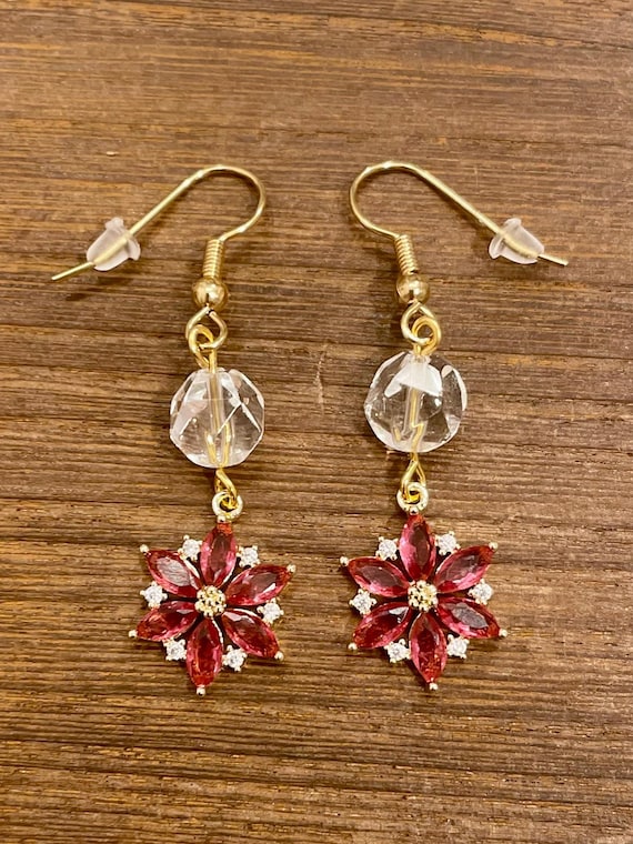 Gemstone Earrings - Clear Quartz Crystal Healing, Crystal Flowers / Poinsettias / Snowflakes