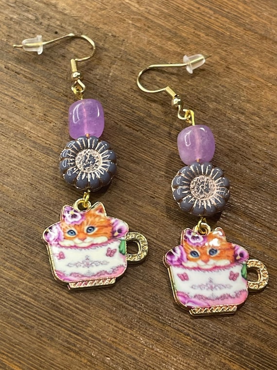 Gemstone Earrings - Tourmaline Crystal Healing, Tea Cup Kittens