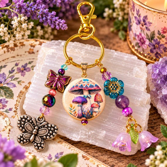 Mushroom Purse Charm Keychain, Amethyst Gemstone Bag Charm, Butterfly Charm, Artisan Wood Bead, Cottagecore Fairy Garden Gift