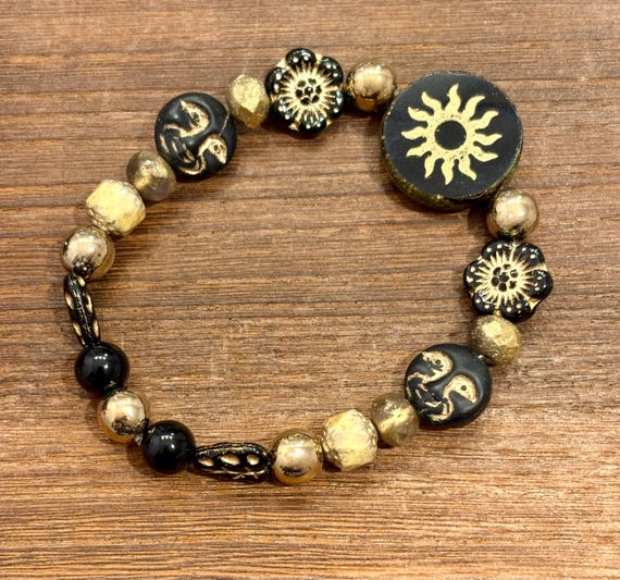 Gemstone Bracelet - Black Onyx / Titanium Pyrite Crystal Healing Bracelets, Sun and Moon Jewelry