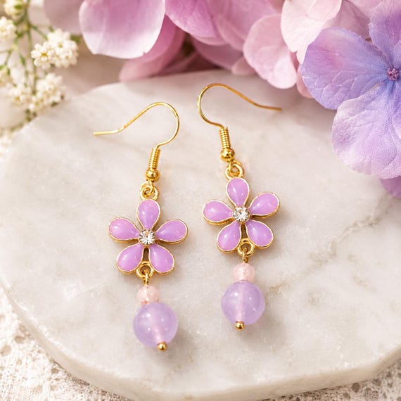 Lavender Blossom Enchantment Earrings • Purple Jade Gemstones • Hypoallergenic Surgical Stainless Steel Gold Tone • Floral Enamel Charms
