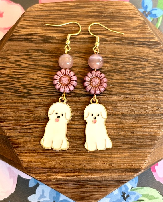 Cat's Eye Gemstone Earrings: Poodle Charm, Czech Glass Sunflower