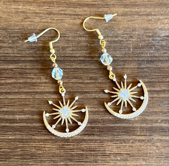 Gemstone Earrings - Clear Quartz / Gold Hematite Crystal Healing, Celestial Jewelry, Celestial Starburst
