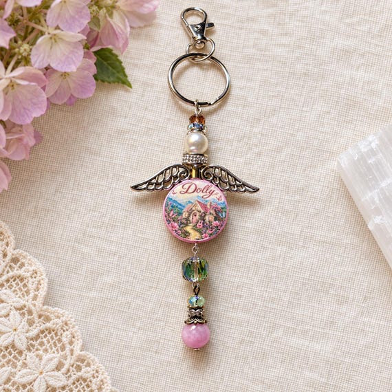 Dolly Inspired Purse Charm | Kunzite Gemstone Bag Charm | Pink Guitar & Smoky Mountain Double-Sided Wood Focal | Butterfly Gift