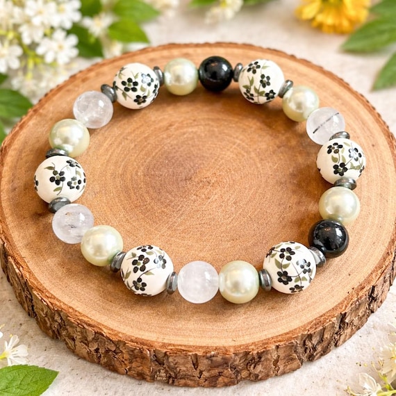 Tourmalinated Quartz Bracelet – Floral Ceramic, Silver Hematite & Faux Pearl