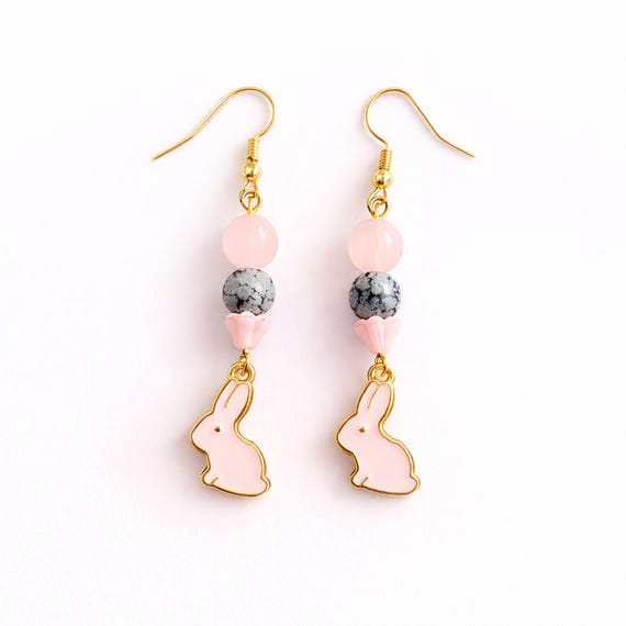 Snowflake Obsidian Pink Jade Bunny Earrings – Rhodonite Dangle Jewelry 2.25” Drop