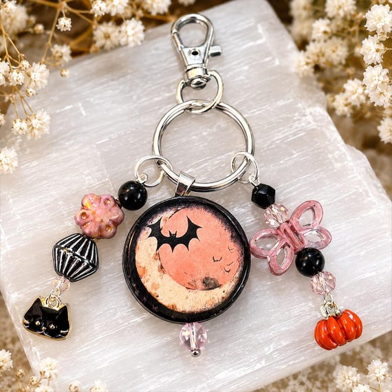 Harvest Moon Flight Gemstone Purse Charm Keychain - Obsidian, Black Onyx, Handmade Halloween Moon and Bat Bag Charm