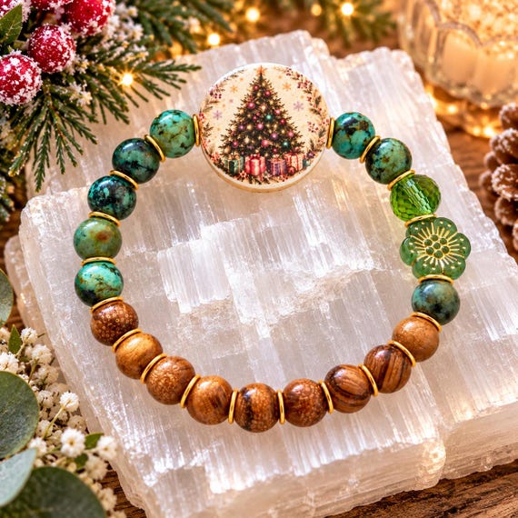 Evergreen Christmas Memories Bracelet, African Turquoise Gemstone Jewelry, Vintage Christmas Tree, Woodland Holiday Gift