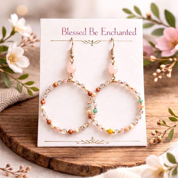 Pink Aventurine Gemstone Hoop Earrings – Boho Beaded Rose Gold Stainless Steel
