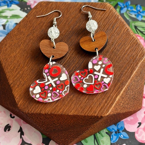 Crackle Quartz Heart Earrings – Valentine XO Acrylic & Wood, Hypoallergenic