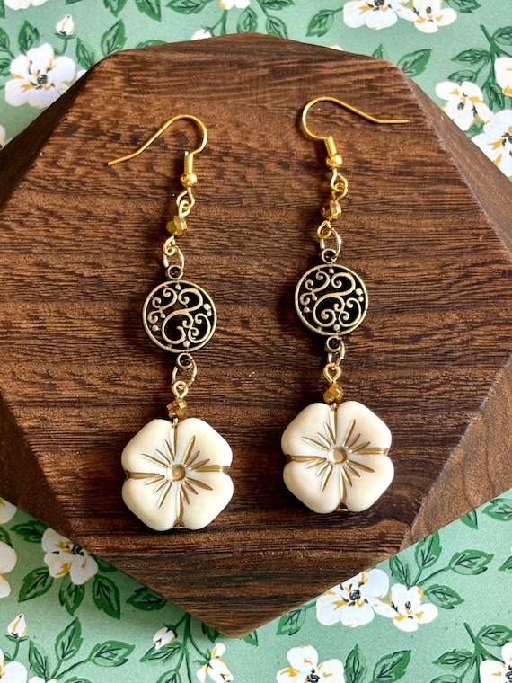 Gemstone Earrings - Hematite Crystal Healing, Ivory Bloom Drop