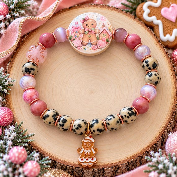 Pink Gingerbread Wishes Gemstone Bracelet | Rhodochrosite Dalmatian Jasper Cats Eye | Handmade Christmas Jewelry | Gingerbread Charm