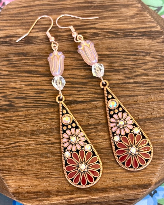 Tulip Stargazer Earrings – Clear Quartz, Czech Glass, Rose Gold Tone