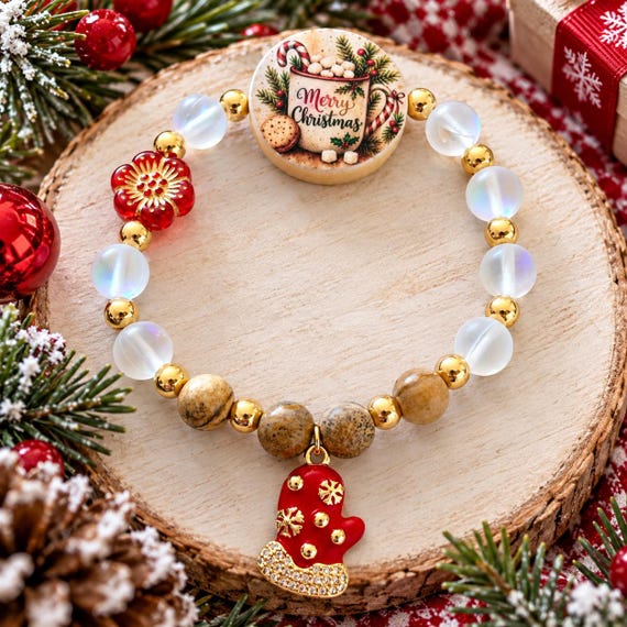 Cocoa Kisses & Christmas Wishes Gemstone Bracelet, Mystic Aura Quartz, Picasso Jasper, Hot Cocoa Christmas Jewelry, Handmade Holiday Gift
