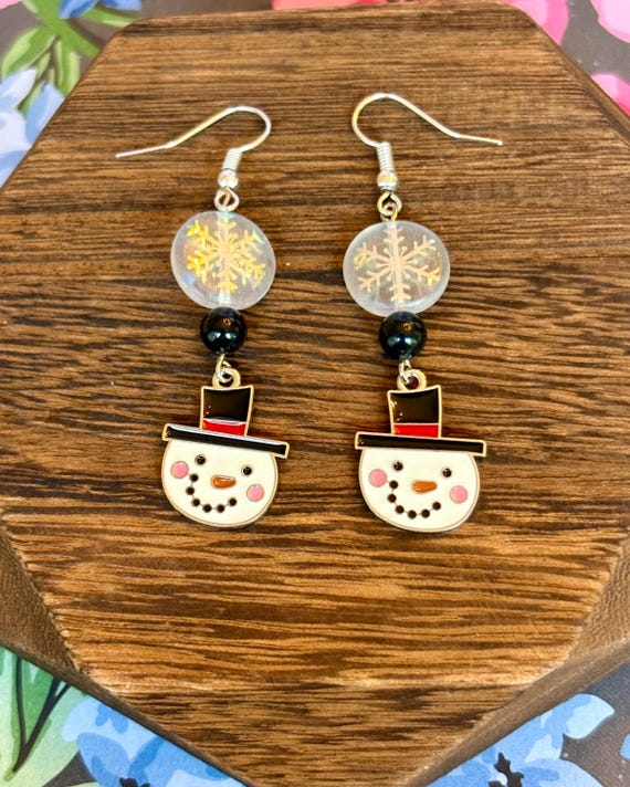 Snowman Earrings: Black Obsidian, Czech Glass Snowflake Beads, Hypoallergenic