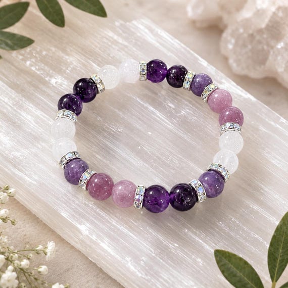 Gentle Moon Bloom Gemstone Bracelet - Moonstone, Lepidolite, Amethyst and Chalcedony, Calm and Menopause Support, Stretch Crystal Bracelet