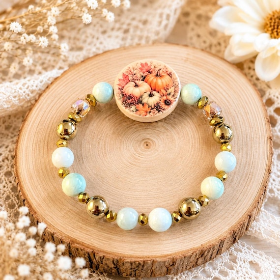 Autumn Sky Pumpkin Bracelet • Amazonite & Terra Agate Gemstone Bracelet • Gold Hematite • Fall Pumpkin Jewelry • Handmade Autumn Gift