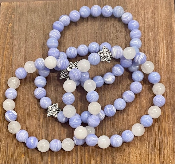 Gemstone Bracelet - Blue Lace Agate / White Jade Crystal Healing Bracelets, Lotus Flower Jewelry