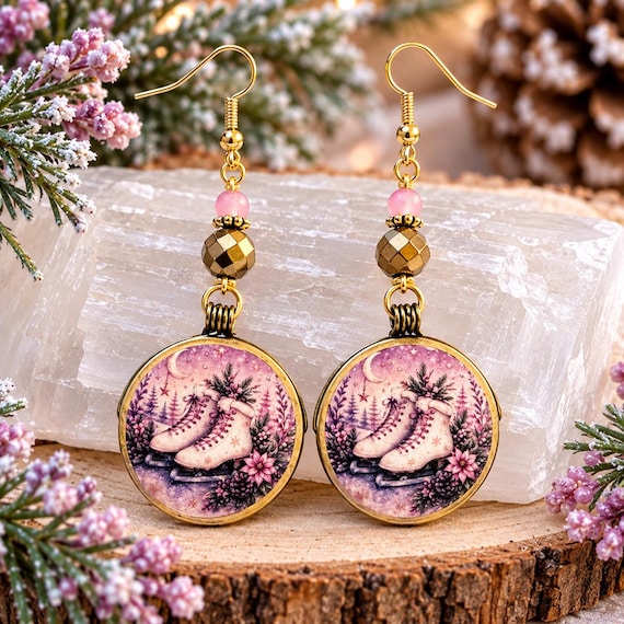 Blushing Winter Wishes Earrings | Pink Ice Skate Jewelry | Gold Hematite Gemstones | Whimsical Winter Earrings | Handmade Gift for Skater