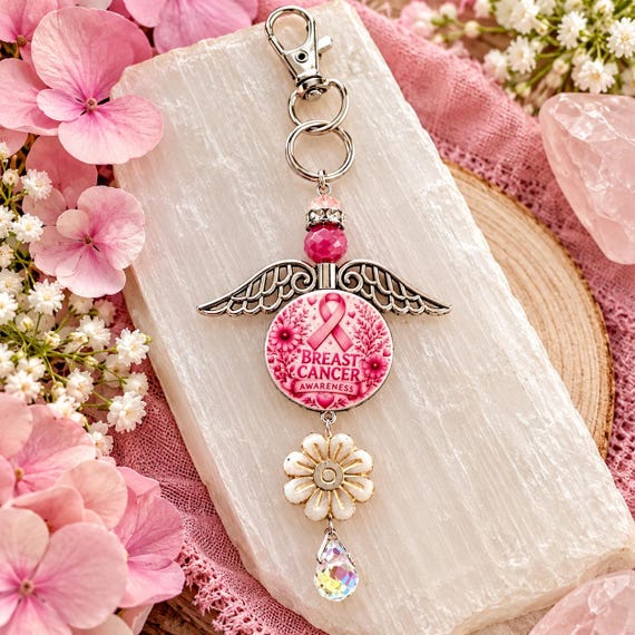 Breast Cancer Awareness Purse Charm, Pink Ribbon Keychain, Cherry Jade Gemstone Bag Charm, Angel Wings, Gift for Survivor Supporter