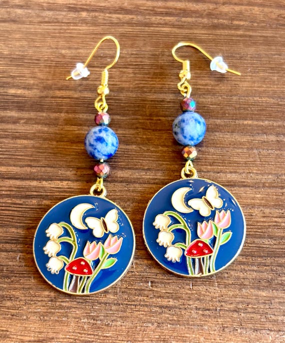 Gemstone Earrings - Hematite / Lapis Lazuli Crystal Healing, Celestial Mushroom