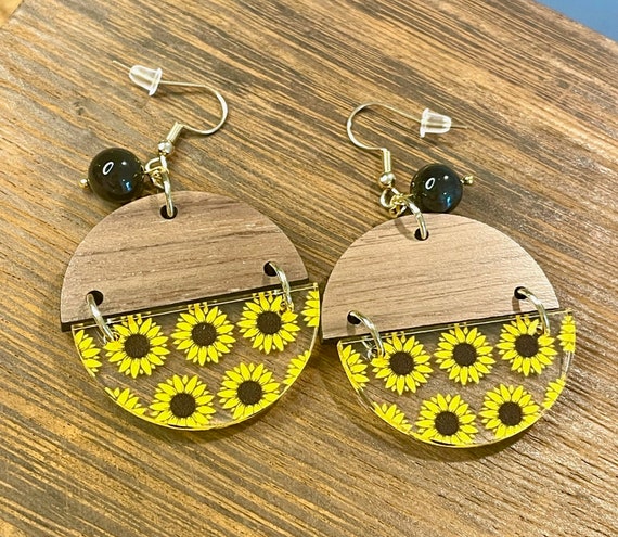 Gemstone Earrings - Black Onyx Crystal Healing, Sunflowers