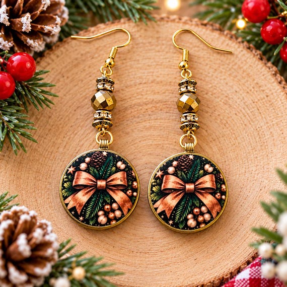 Midnight Poinsettia Royale Earrings | Double Sided Christmas Bow Poinsettia | Gold Hematite | Handmade Holiday Jewelry Gift