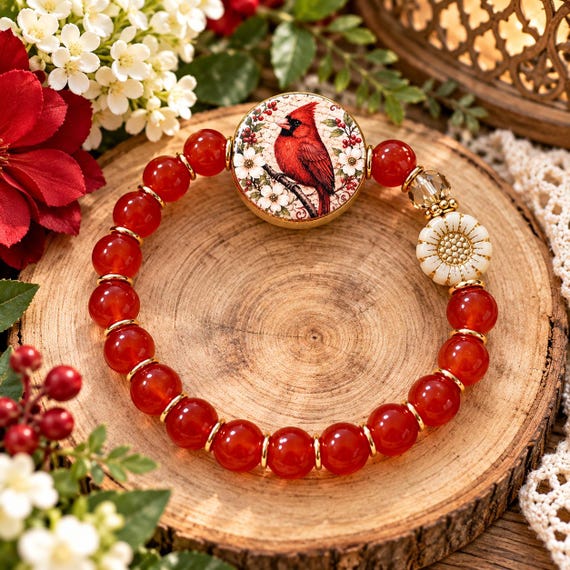 Cardinal’s Garden Blessing Bracelet | Red Jade Gemstone Bracelet | Cardinal Jewelry | Czech Glass Flower | Memorial Gift