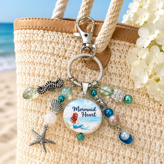 Mermaid Heart of the Sea Keychain - Fluorite and Jade Gemstones, Seahorse & Starfish Coastal Accessory, Mermaid Lover Gift
